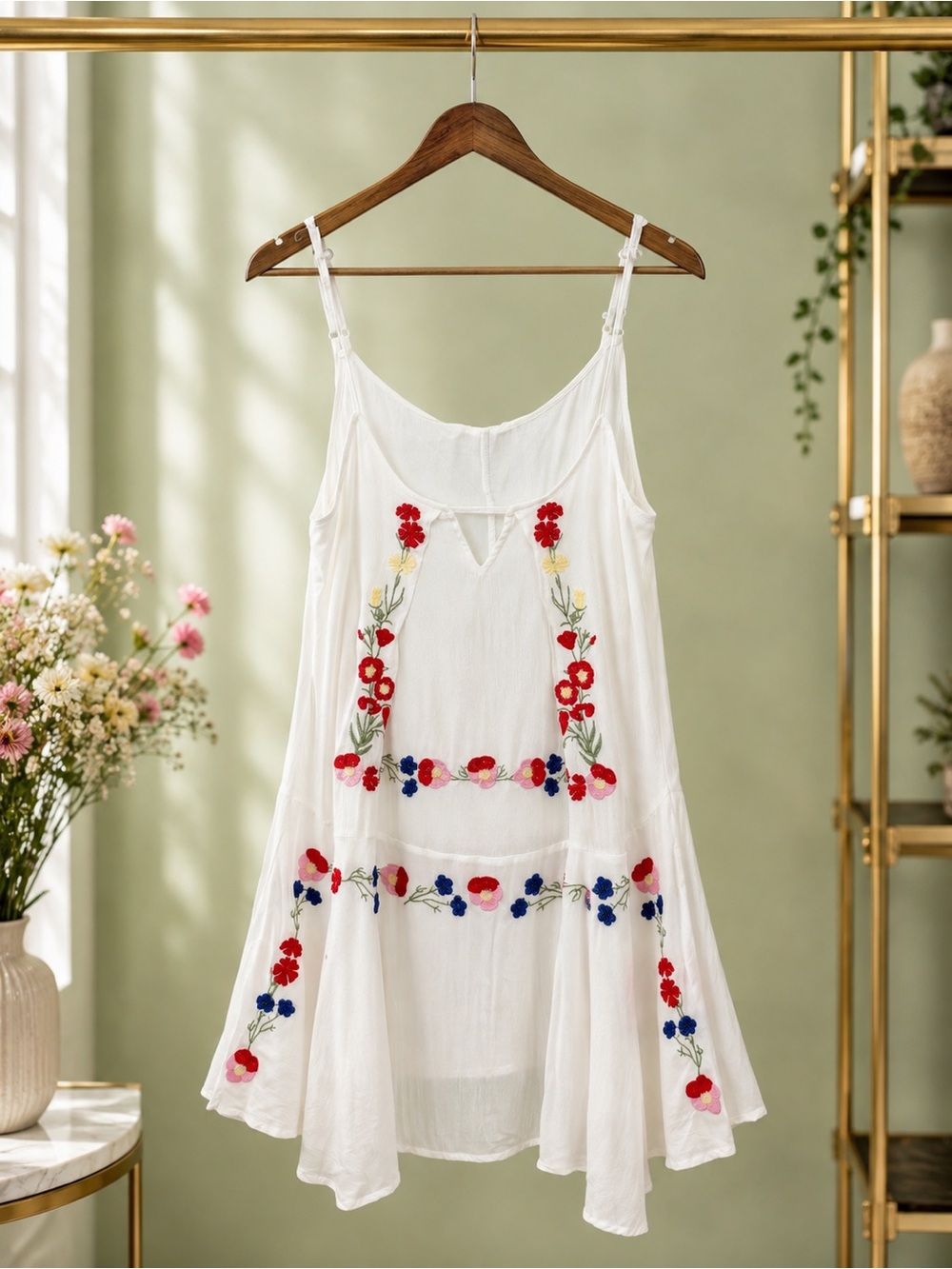Umgee White Floral Embroidered Boho Tunic Tank Top Size L